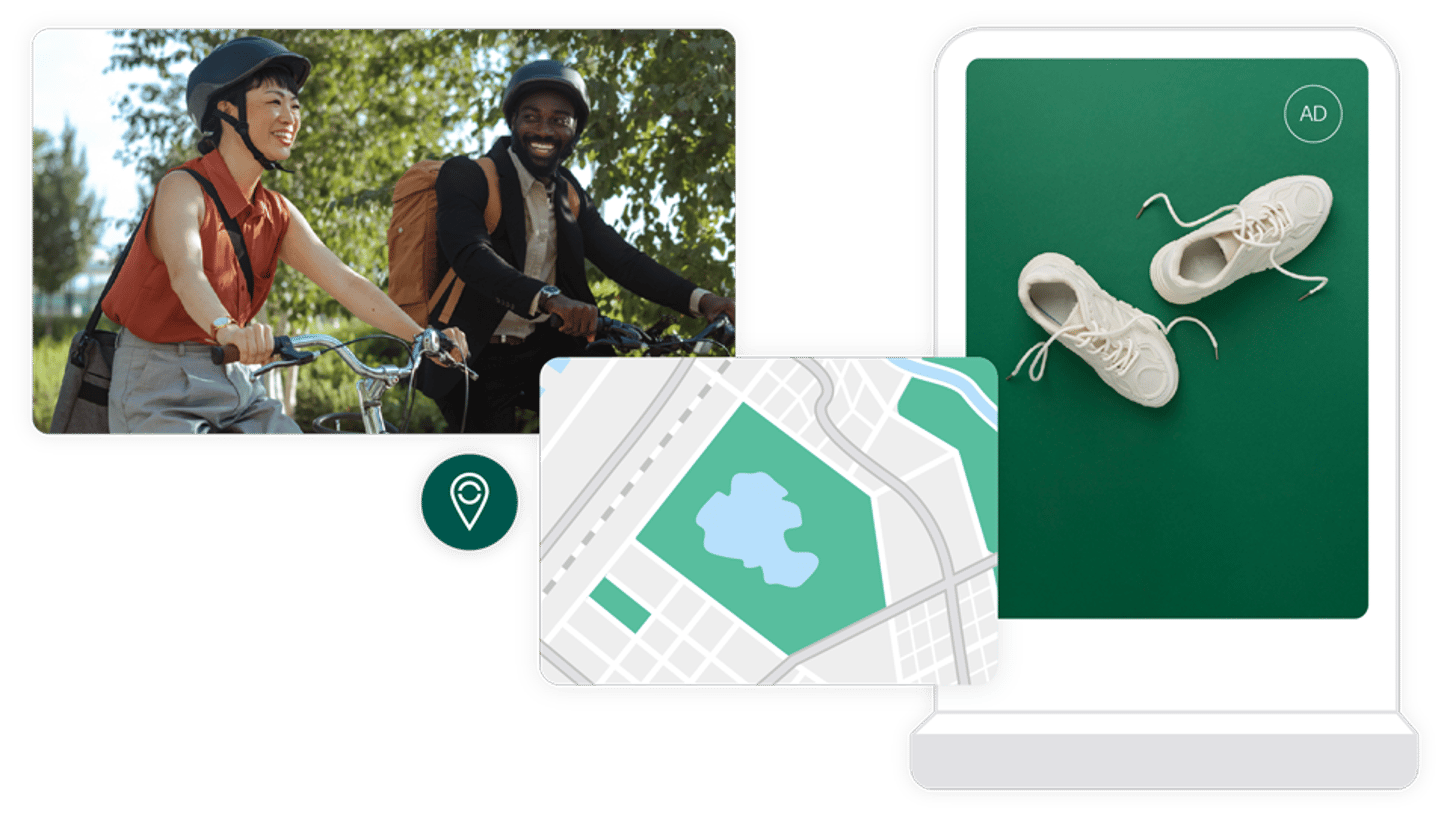 A digital collage featuring two people cycling outdoors, a map with a location marker, and an online advertisement for sneakers, representing active lifestyles and location-based recommendations.