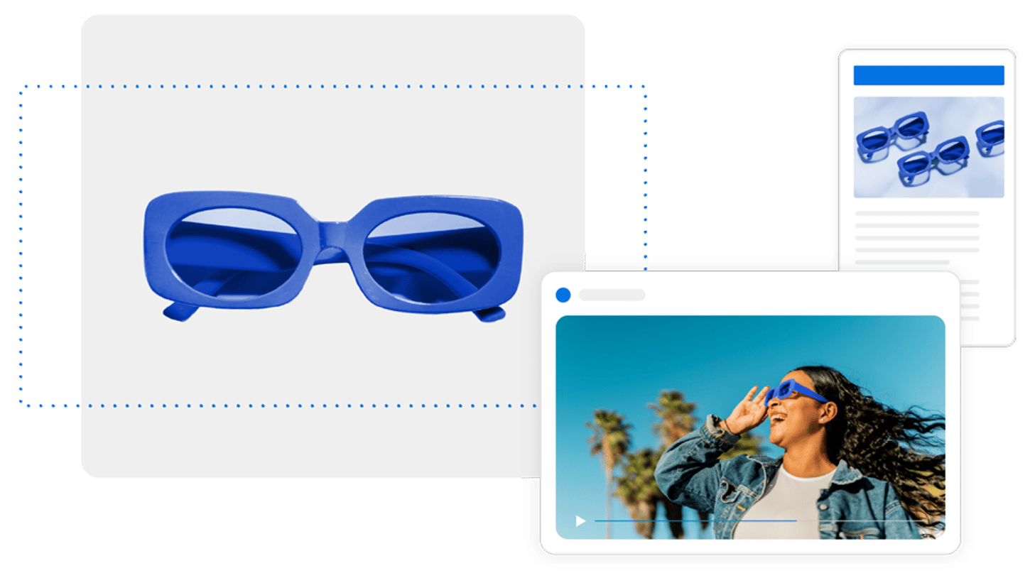 A digital collage featuring blue sunglasses in a product listing, an online article, and a video of a woman wearing the sunglasses outdoors, representing eCommerce and digital marketing.