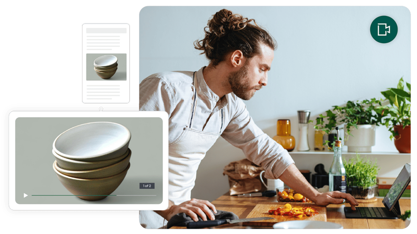A digital collage featuring a man cooking in a kitchen while using a laptop, accompanied by product images and videos of ceramic bowls, representing online shopping and digital engagement in culinary activities.