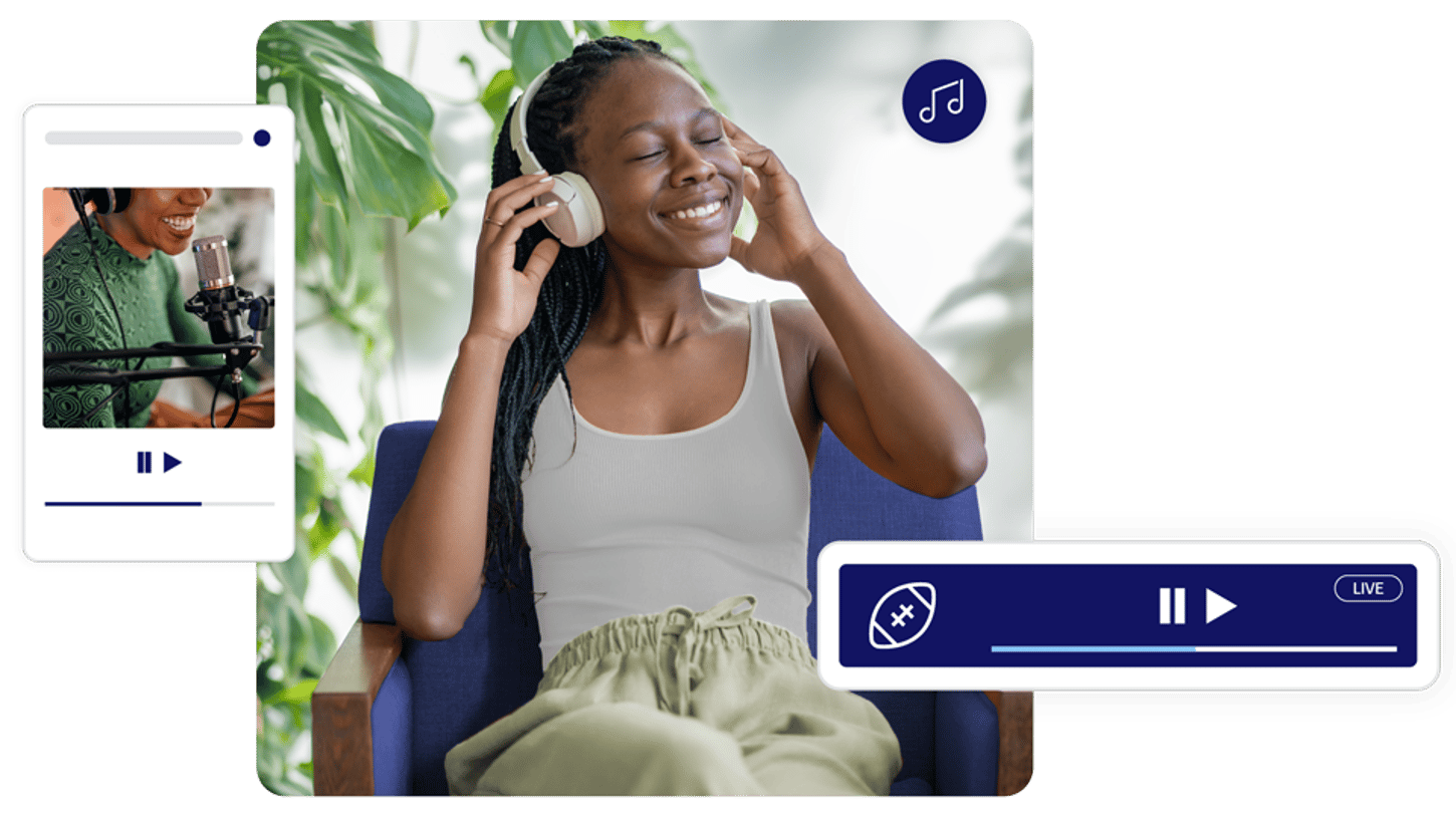 A woman enjoying music on headphones, surrounded by digital interface elements representing live audio streaming and podcast content.