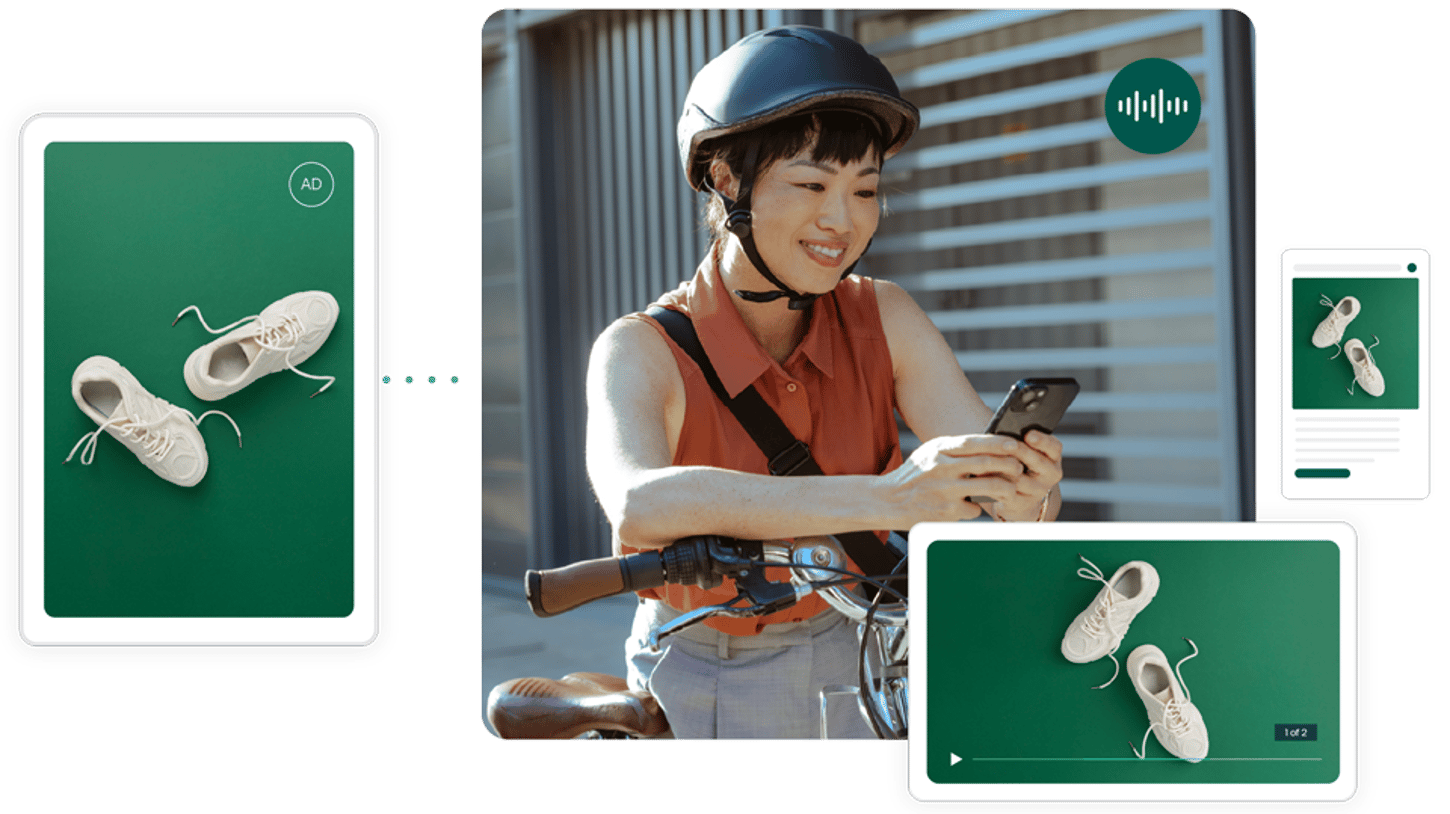 A digital collage featuring a woman on a bicycle using her phone, surrounded by advertisements and media elements related to sneakers and audio content, representing personalized digital engagement.