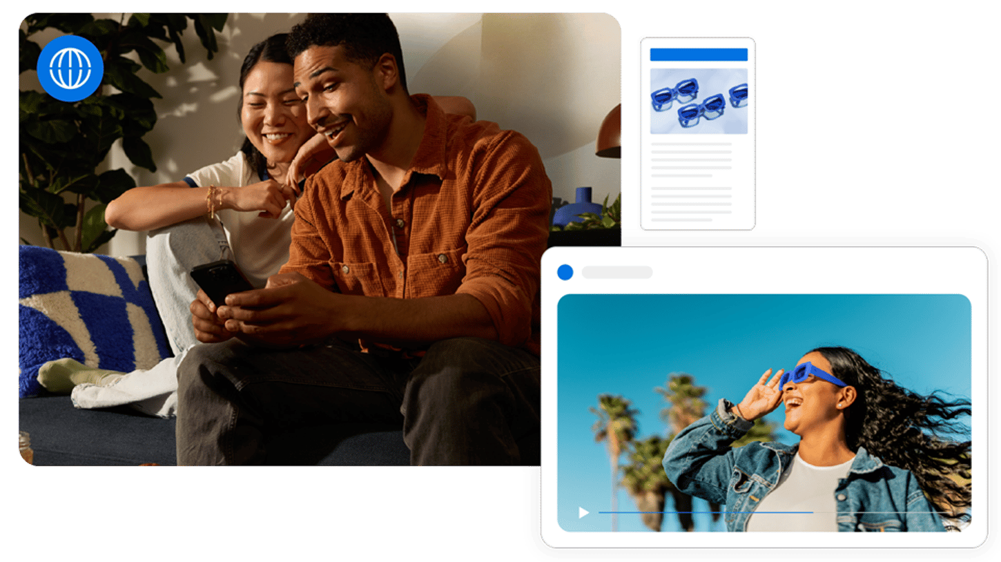 A digital collage featuring a smiling couple browsing on a smartphone, alongside online product listings and a video of a woman wearing blue sunglasses, representing digital shopping and social engagement.