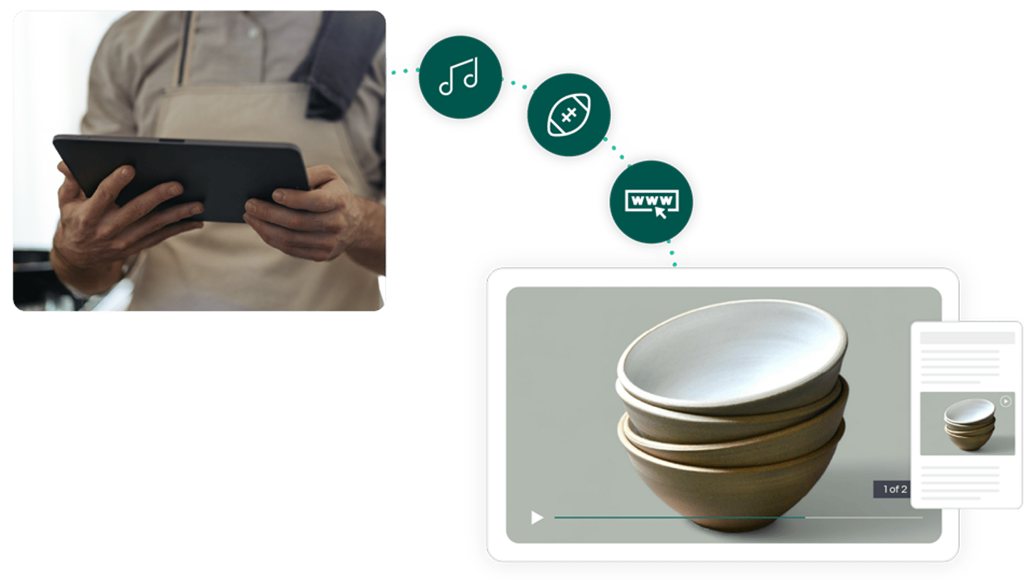 A digital collage featuring a person using a tablet, accompanied by multimedia elements related to ceramic bowls, music, sports, and online shopping, illustrating digital connectivity and interactive experiences.